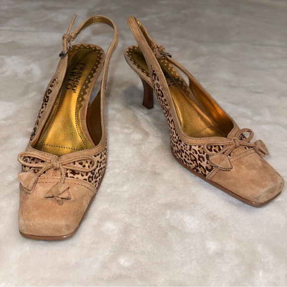 Vintage Franco Sarto Suede & Cow Hair Leopard Kitten Heels Size 6.5 - Picture 2 of 14